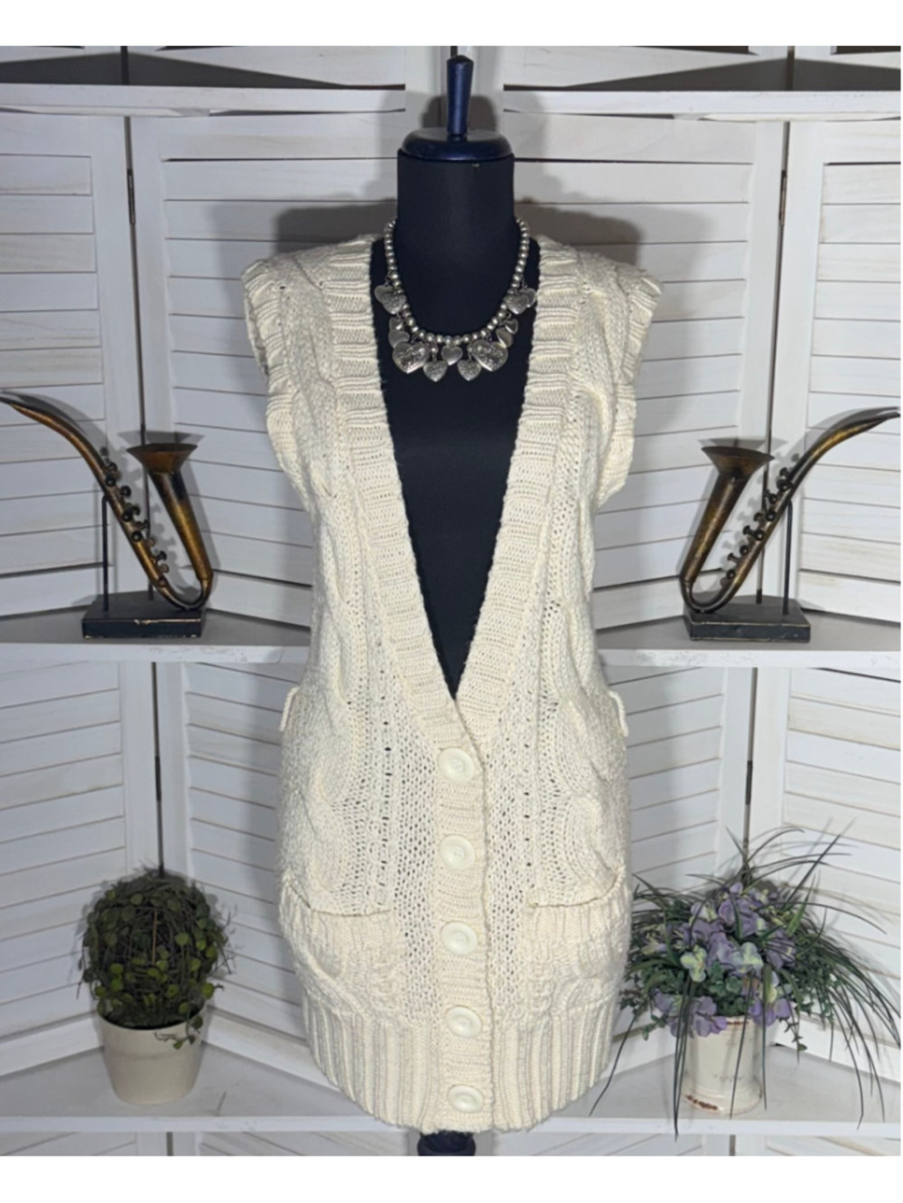 Bebe vintage Y2K long knit vest cream cable knit pockets coquette cottage boho